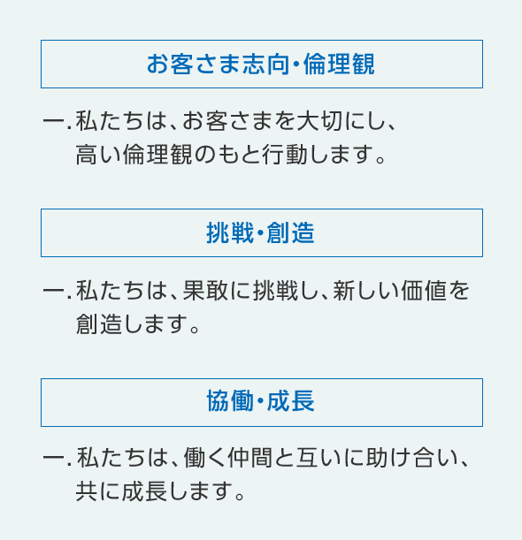 お客さま志向・倫理観 一.私たちは、お客さまを大切にし、高い倫理観のもと行動します。 - 挑戦・創造 一.私たちは、果敢に挑戦し、新しい価値を創造します。 - 協働・成長 一.私たちは、働く仲間と互いに助け合い、共に成長します。